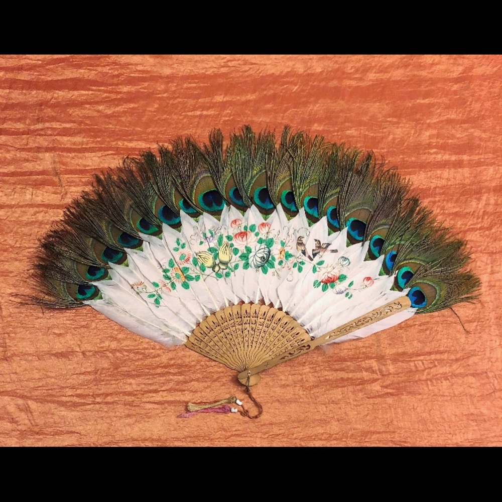 Antique GENUINE peacock and hand-painted silk fan